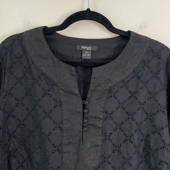 Style & Co Womens Plus 18W Black Eyelet 100% Linen Tunic Top Long Sleeve Shirt - Picture 2 of 8